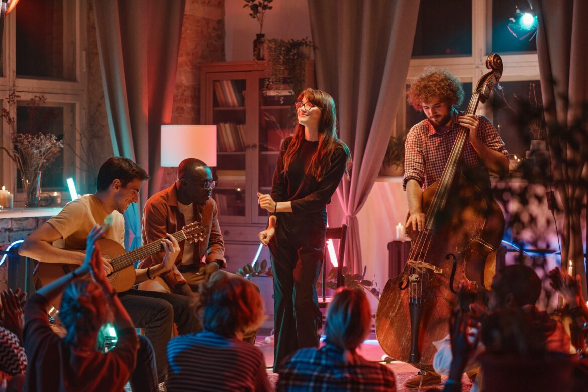 Music band performing in music studio