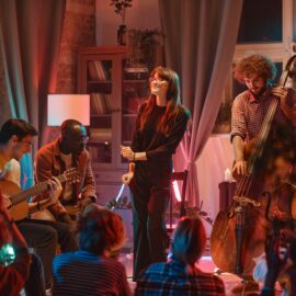 Music band performing in music studio